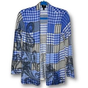 Talbots Petite Size Small Merino Wool Blue White Houndstooth Paisley Cardigan